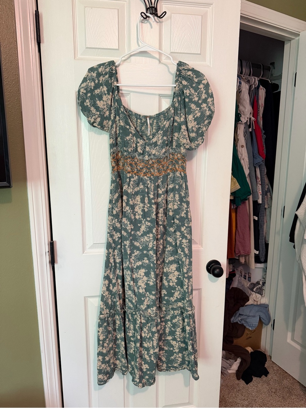 Free People Green Floral Midi Dress with Puff Sleeves